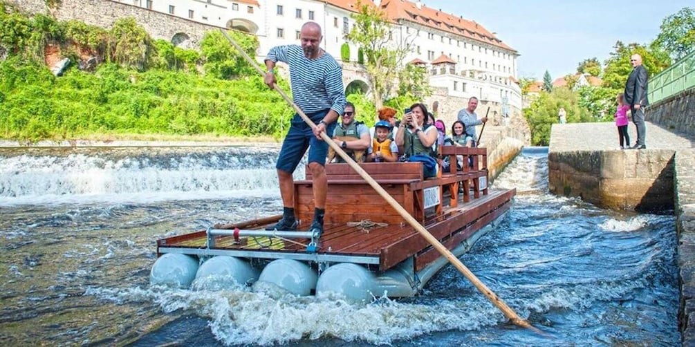 Wooden Raft Float Down the Vltava Through Town