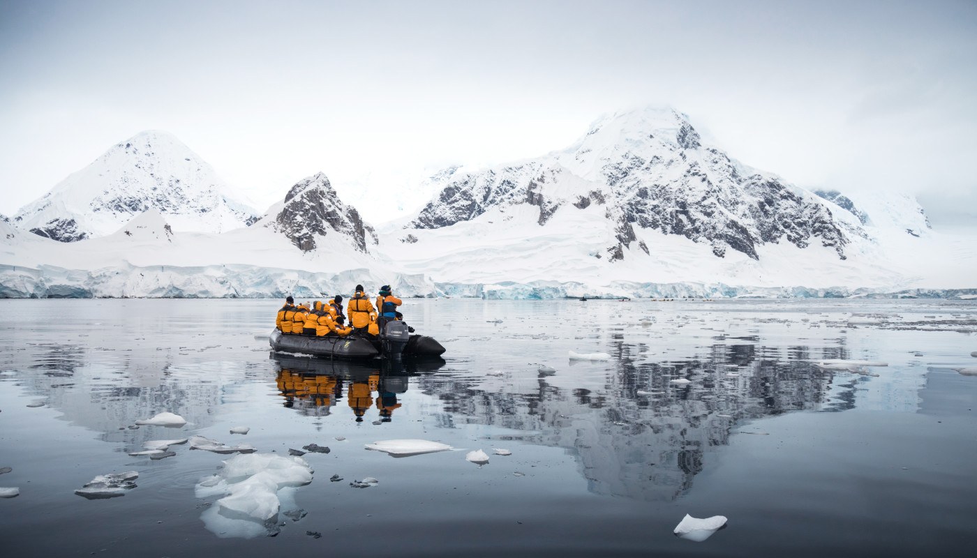 Zodiac Cruising Among Icebergs of Antarctic Sound