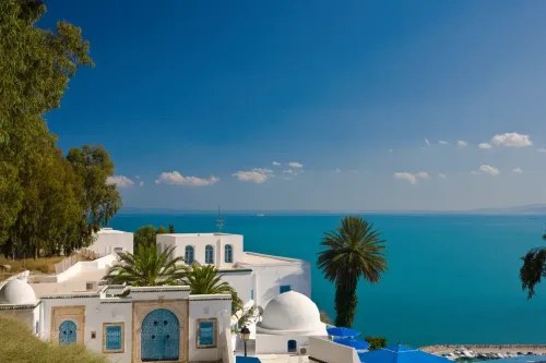 Sidi Bou Said — the blue-and-white clifftop village above the Gulf of Tunis